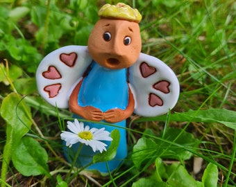 Handmade Ceramic Angel Figurine: Astonished Blue Angel with Pink Hearts
