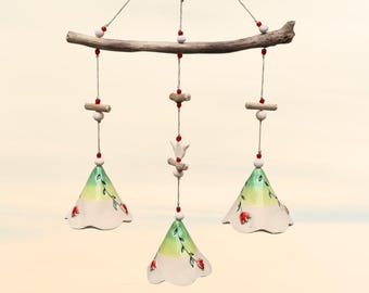 Handmade Ceramic Floral Bell Mobile: Boho Cottagecore Driftwood Decor