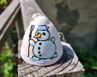 Handmade Ceramic Christmas Bell: Snowman Ornament, Home/Garden Decor