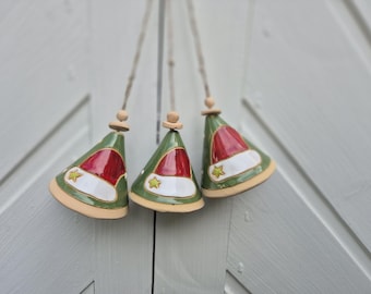 Handmade Ceramic Christmas Bells with Santa Hats, Set of 3