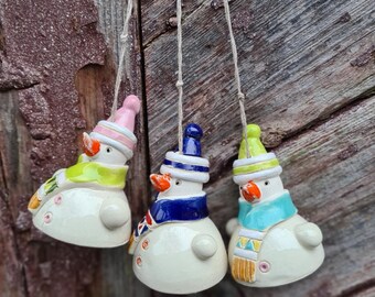 Handmade Ceramic Snowman Bell: Collectible Christmas Ornament