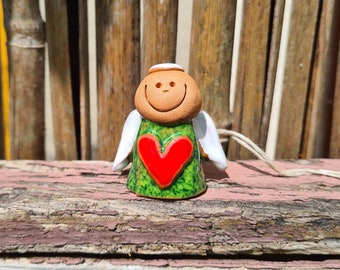 Ceramic Smiling Angel Bell with Heart: Christmas Decoration