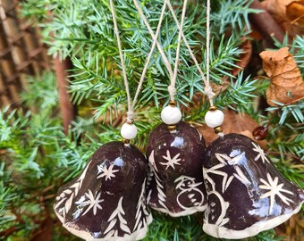 Set of 3 Handmade Ceramic Christmas Bells: Chocolate Brown Winter Decor