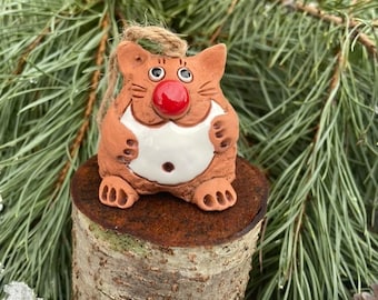 Handmade Ceramic Fat Cat Bell: Collectible Glazed Easter/Christmas Decoration
