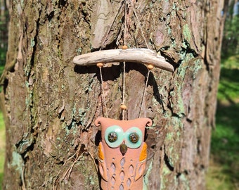 Handmade Ceramic Owl Bell: Driftwood Hanging Home Decor