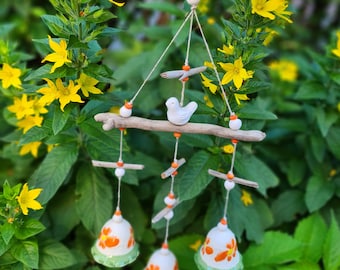 Handmade Ceramic Wind Chime: Bird & Floral Bells with Driftwood