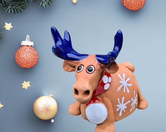 Handmade Ceramic Reindeer Bell: Christmas Ornament with Scarf