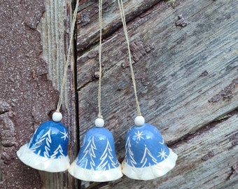 Handmade Blue Ceramic Christmas Bells: Winter Tree Decor, Set of 3