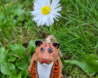 Handmade Ceramic Tiger Bell: Collectible Clay Figurine