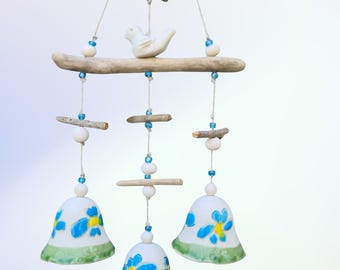 Handmade Ceramic Wind Chime: Bird & Floral Bells with Driftwood