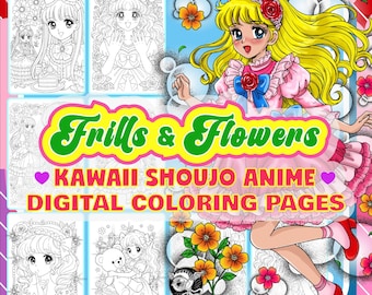 Volantes y flores / 20 lindas páginas para colorear de chicas de anime shoujo kawaii / Descarga digital instantánea en PDF / Páginas para colorear para adultos / Imprimibles