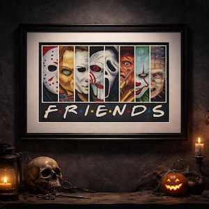 Puede incluir: Obra de arte enmarcada con caras de personajes de películas de terror, dispuestas en paneles verticales. La palabra "FRIENDS" está debajo. La escena incluye calaveras, velas, una calabaza tallada y un cuchillo grande, con temática de Halloween.