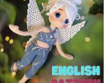 May include: Crochet pattern for a white fairy doll with blue and white clothing and white wings. The pattern is written in English.