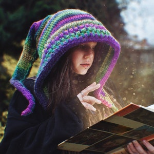 CROCHET long hood PATTERN, &quot;Taïga&quot; wizard witch elf fairy pixie hat tutorial in pdf