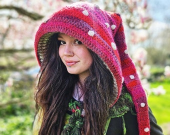 CROCHET Mushroom hood PATTERN, "Amanite  hood" woodland fairy toadstool hood and moss capelet and bonus amigurumi mushroom