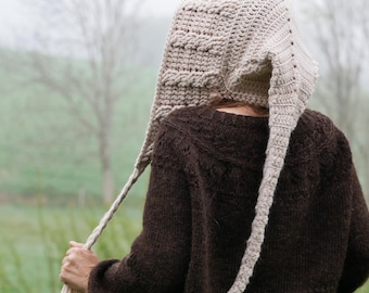 CROCHET celtic hood PATTERN, "Brocéliande seamless hood", cable braid woodland fairy magician hat