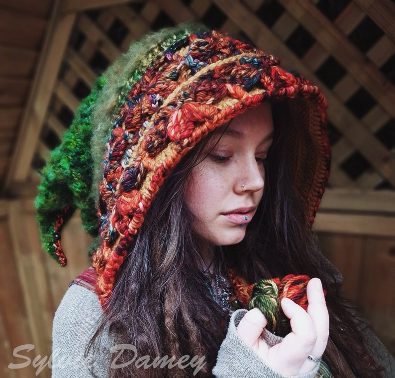 CROCHET hood PATTERN, "Floraison" elf fairy pixie hat tutorial in pdf for men, women and kids image 1