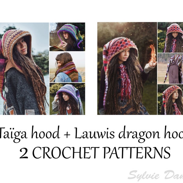 2 CROCHET elf fae hood PATTERNS, long fairy pixie hoods in pdf for men, women and kids: Taïga hood & Lauwis dragon hood