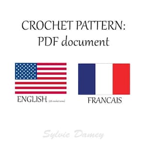 Puede incluir: Patr&oacute;n de ganchillo en formato PDF en ingl&eacute;s y franc&eacute;s. El documento est&aacute; representado por las banderas estadounidense y francesa.