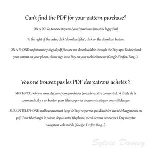 Puede incluir: Texto sobre un fondo blanco que explica c&oacute;mo encontrar una compra de patr&oacute;n PDF en Etsy.com. El texto est&aacute; en ingl&eacute;s y franc&eacute;s.