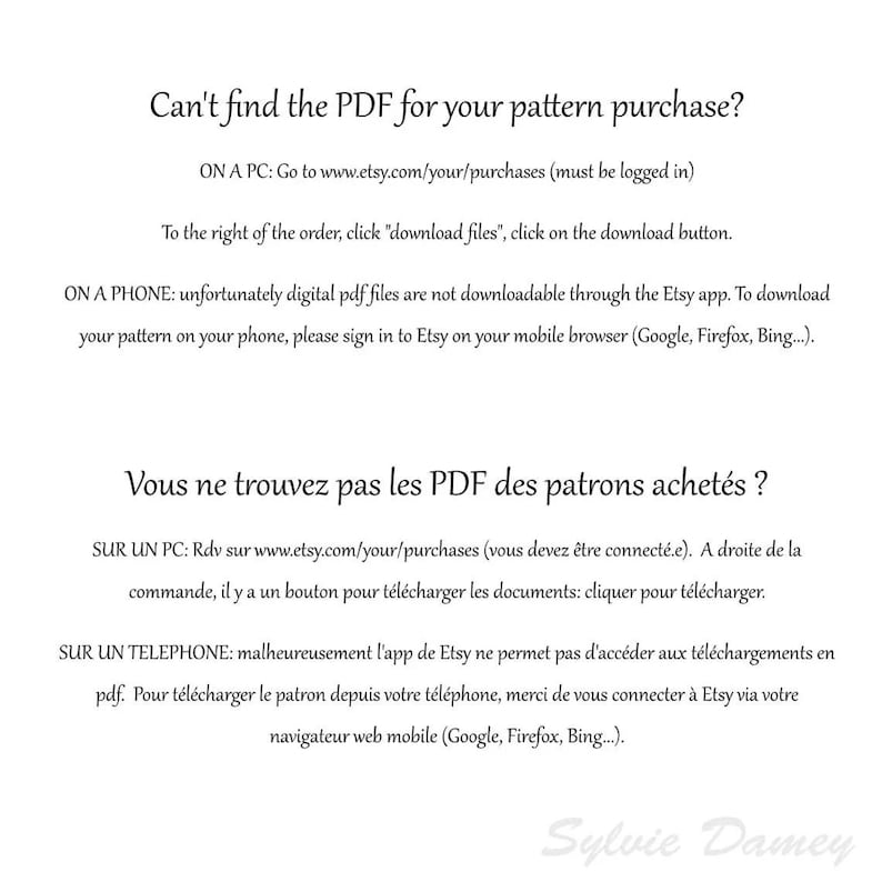 Puede incluir: Texto sobre un fondo blanco que explica c&oacute;mo encontrar una compra de patr&oacute;n PDF en Etsy.com. El texto est&aacute; en ingl&eacute;s y franc&eacute;s.