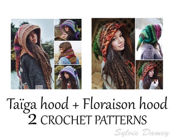 2 CROCHET long hood PATTERNS, elf fairy pixie hat tutorials in pdf for men, women and kids "Taïga" and "Floraison"