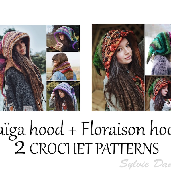 2 CROCHET long hood PATTERNS, elf fairy pixie hat tutorials in pdf for men, women and kids "Taïga" and "Floraison"