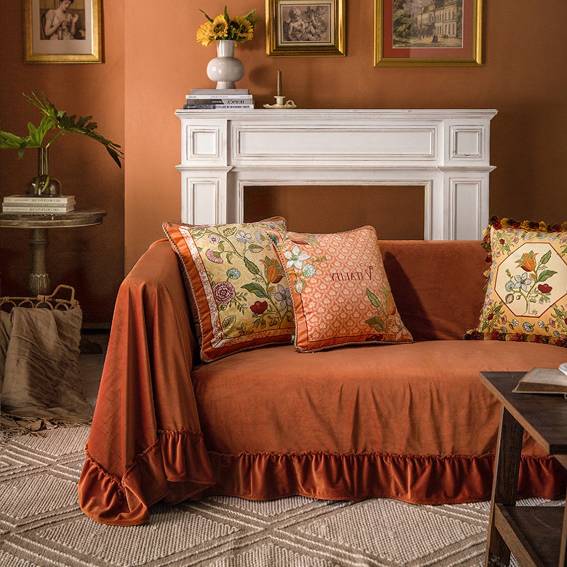 Rustic Orange Velvet Couch Cover Sofa Slipcover Sofa Cover Sectional