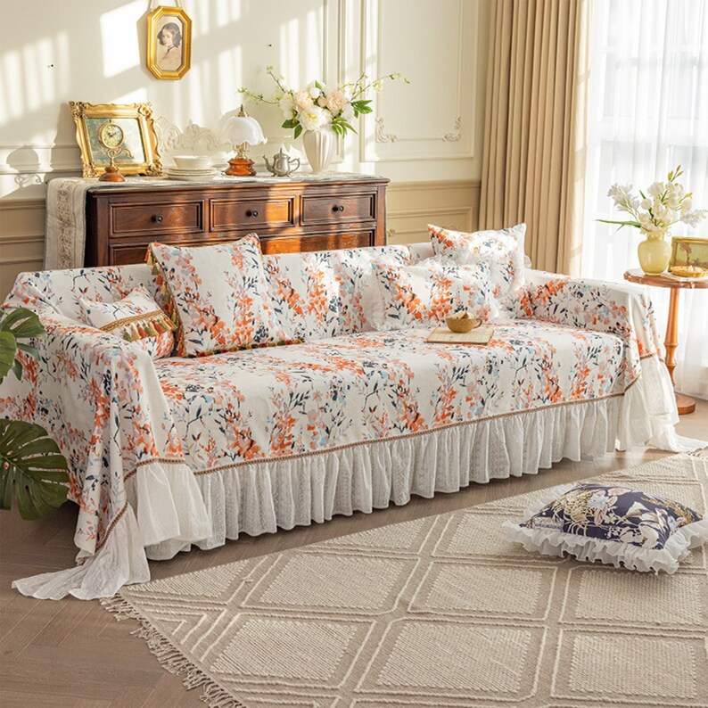 Ruffled Floral French Couch Cover Sofa Slipcover Sectional Couch