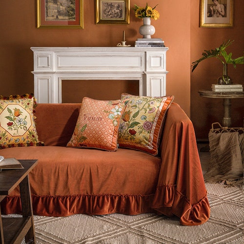 Rustic Orange Velvet Couch Cover Sofa Slipcover Sofa Cover Etsy