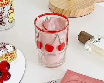 Vintage Cherry Cups Vintage Fruit Glass Cups Juice Cup Milk Cup Kawaii Makeup Holder Cottagecore Room Decor Homeware Danish Pastel Aesthetic