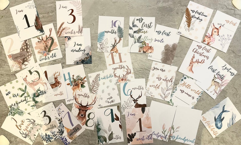 30 Baby Milestone Cards Forest Deer for Boys and Girls in a Gift Box ...