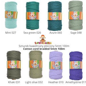 May include: Eight spools of braided cotton cord in shades of mint, sea green, azure, sage, khaki, light olive, heather, and amethystine. Each spool is labelled with a colour name and number. The text on the label reads 'Cotton cord braided 5mm 100m'.