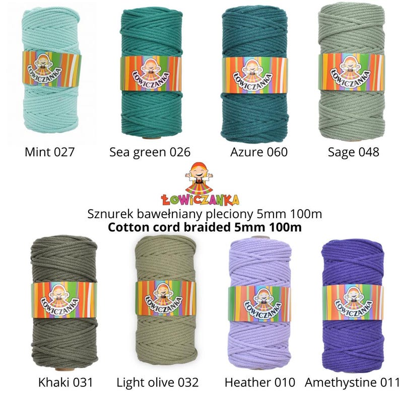 May include: Eight spools of braided cotton cord in shades of mint, sea green, azure, sage, khaki, light olive, heather, and amethystine. Each spool is labelled with a colour name and number. The text on the label reads 'Cotton cord braided 5mm 100m'.