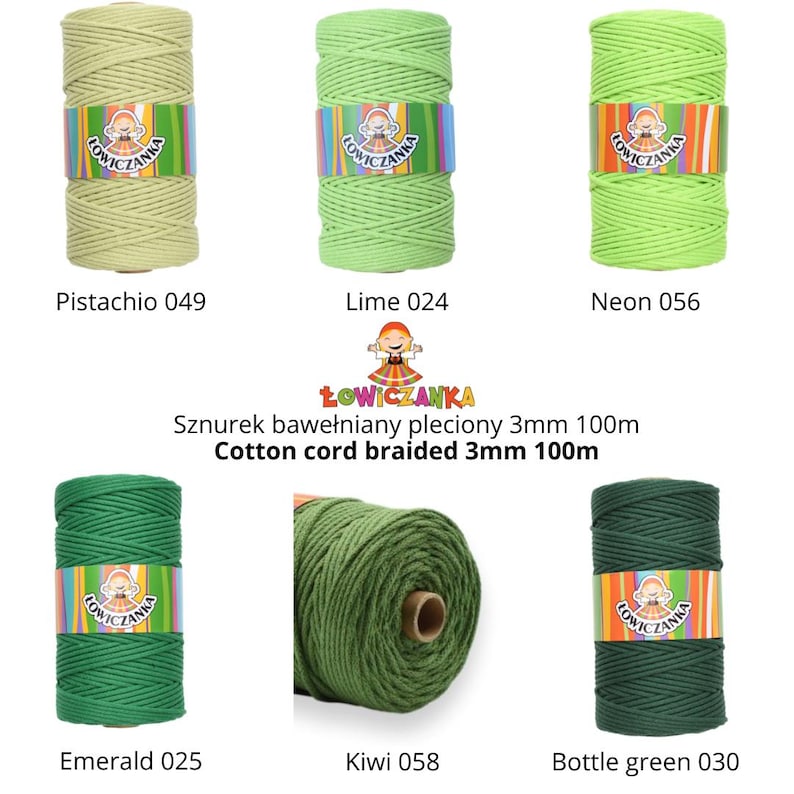 May include: A range of colourful cotton cords in shades like pistachio, lime, neon, emerald, kiwi, and bottle green. Each spool is labelled with a colour name and number. The brand name "ŁOWICZANKA" is visible on each spool.