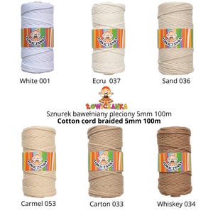 May include: Six spools of braided cotton cord in white, ecru, sand, caramel, carton, and whiskey shades. Each spool is labelled with a colour name and number. The cord is 5mm thick and 100m long.