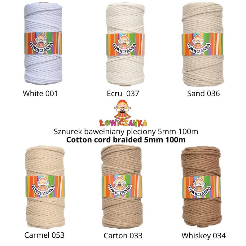 May include: Six spools of braided cotton cord in white, ecru, sand, caramel, carton, and whiskey shades. Each spool is labelled with a colour name and number. The cord is 5mm thick and 100m long.