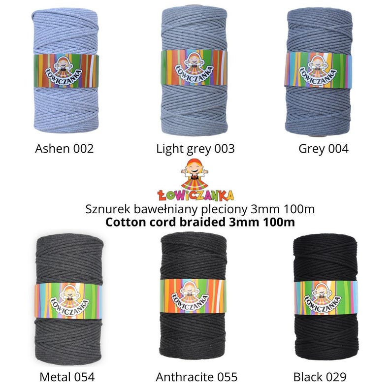 May include: Six spools of braided cotton cord in shades of grey and black. Each spool is labelled with a colour name and number. The text "Cotton cord braided 3mm 100m" is also visible.