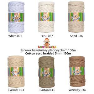 May include: Six spools of braided cotton cord in shades of white, cream, beige, caramel, khaki, and brown. Each spool is labelled with a colour name and number, and has a colourful band with a logo. The text "Cotton cord braided 3mm 100m" is also visible.