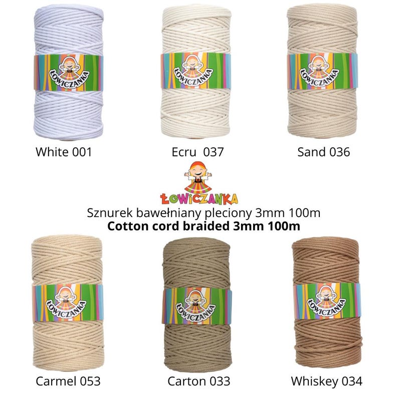May include: Six spools of braided cotton cord in shades of white, cream, beige, caramel, khaki, and brown. Each spool is labelled with a colour name and number, and has a colourful band with a logo. The text "Cotton cord braided 3mm 100m" is also visible.