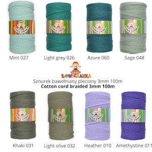 May include: Eight spools of braided cotton cord in shades of mint, light grey, azure, sage, khaki, light olive, heather, and amethystine. Each spool is labelled with a colour name and number. The cord is 3mm thick.