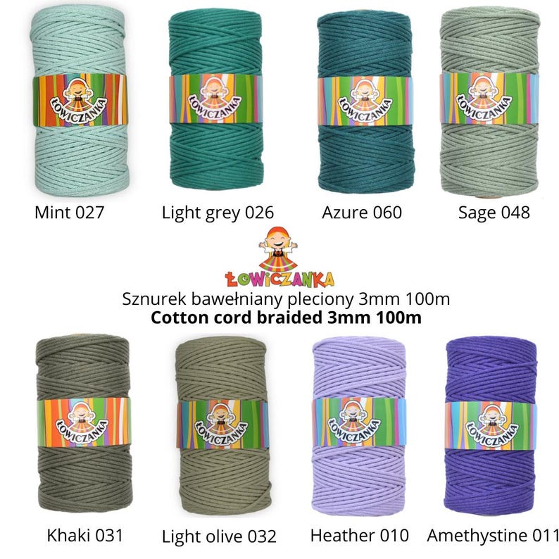 May include: Eight spools of braided cotton cord in shades of mint, light grey, azure, sage, khaki, light olive, heather, and amethystine. Each spool is labelled with a colour name and number. The cord is 3mm thick.