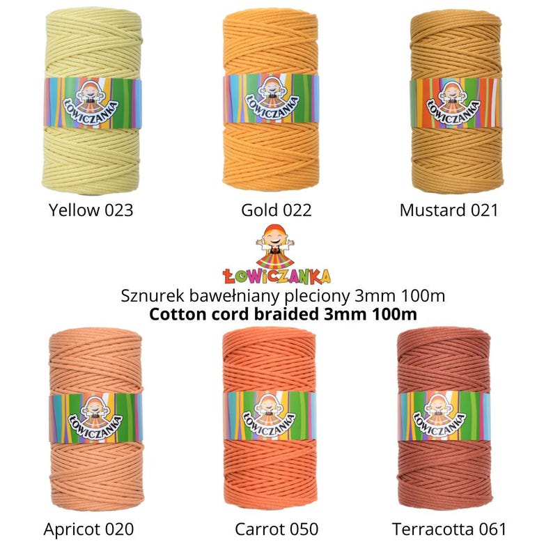 May include: A selection of cotton cord spools in yellow, gold, mustard, apricot, carrot, and terracotta. Each spool is labelled with a colour name and number, and wrapped with a branded paper band.