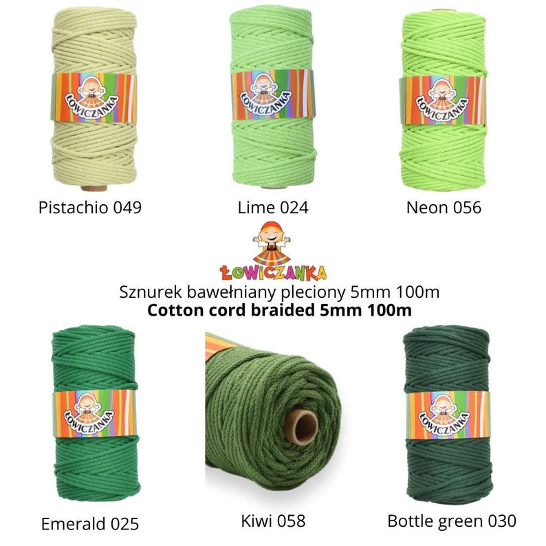 May include: A selection of green cotton cords, from pistachio to bottle green. Each spool is labelled with a colour name and number. The text on the label reads 'Cotton cord braided 5mm 100m'.