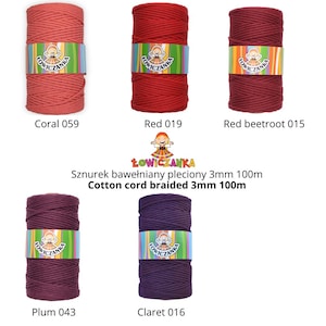 May include: A selection of cotton cord spools in shades of coral, red, and burgundy, alongside plum and claret hues. Each spool is labelled with a colour name and number. The text "Cotton cord braided 3mm 100m" is also visible.