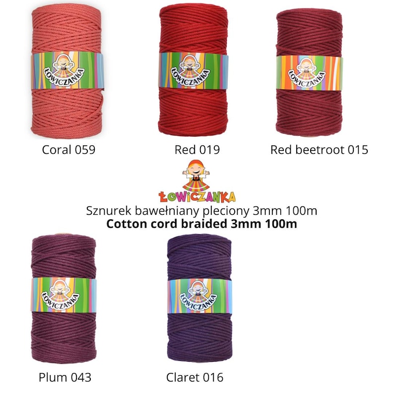 May include: A selection of cotton cord spools in shades of coral, red, and burgundy, alongside plum and claret hues. Each spool is labelled with a colour name and number. The text "Cotton cord braided 3mm 100m" is also visible.