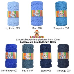 May include: A selection of braided cotton cords in shades of blue, from light to dark. Each spool is labelled with a colour name and number. The text "Cotton cord braided 5mm 100m" is visible. The cords are suitable for various craft projects.