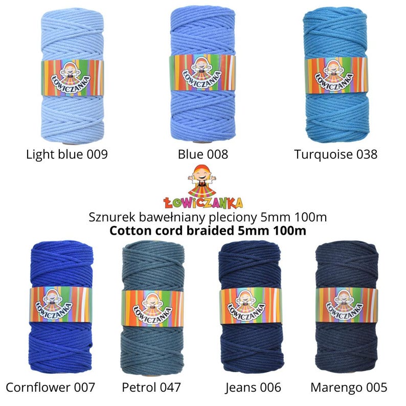 May include: A selection of braided cotton cords in shades of blue, from light to dark. Each spool is labelled with a colour name and number. The text "Cotton cord braided 5mm 100m" is visible. The cords are suitable for various craft projects.