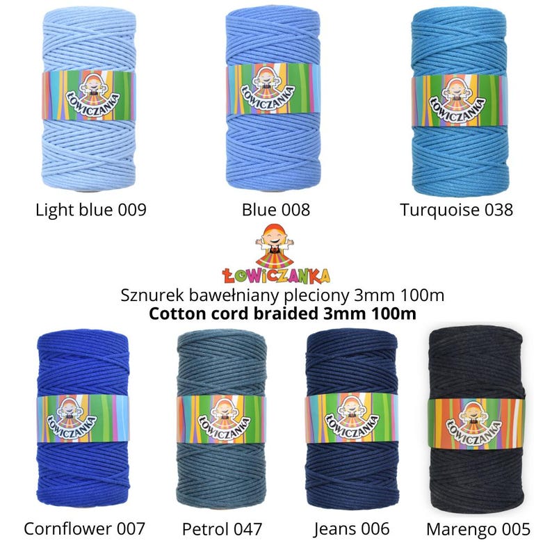 May include: Eight spools of braided cotton cord in shades of blue, turquoise, and black. Each spool is labelled with a colour name and number, such as "Light blue 009," "Blue 008," and "Turquoise 038." The text "Cotton cord braided 3mm 100m" is also visible.