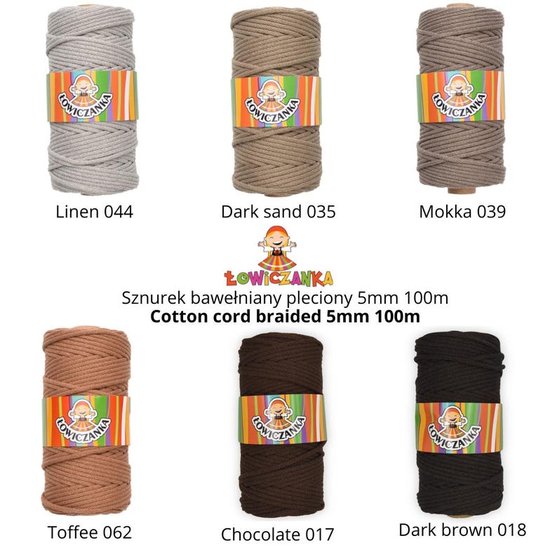 May include: Six spools of braided cotton cord in shades of linen, dark sand, mokka, toffee, chocolate, and dark brown. Each spool is labelled with a colour name and number. The brand name "ŁOWICZANKA" is visible on each label.